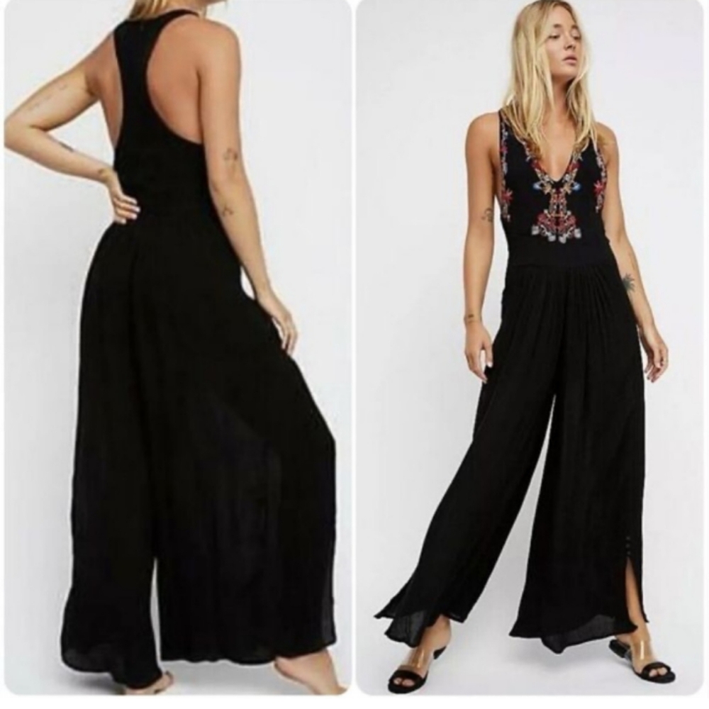 Free People Amalfi Black Embroidered Jumpsuit